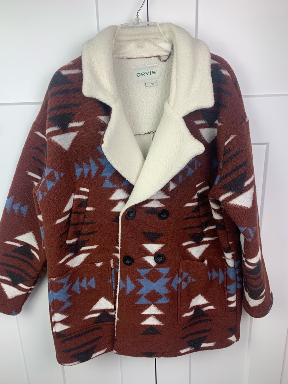 Orvis LARGE Wool Sherpa Jacket Yellowstone Brown Southwestern Aztec Chore Winter